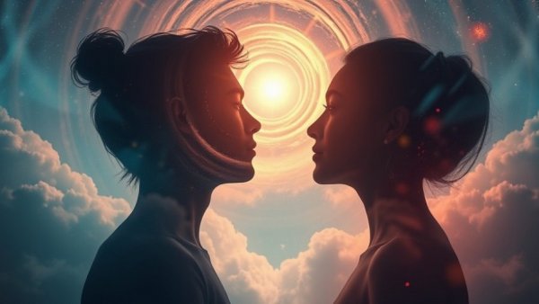 Cosmic silhouettes face cosmic background, attract your greatest love frequency energy.