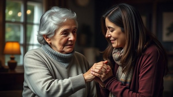 Warm interaction between young caregiver and elderly person highlighting women caregivers statistics.