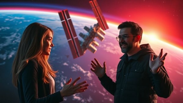 Discussion on International Space Station retirement with sunset backdrop.