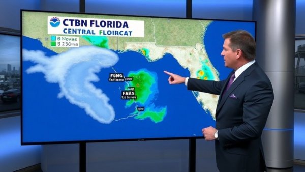Meteorologist presenting Central Florida weather forecast on fog tracker map.