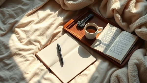 Cozy journaling setup on bed with coffee and notebook for scripting manifestation.