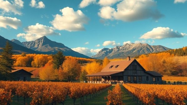 Rustic villa in autumn Italy with vineyards and mountains.