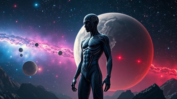 Futuristic humanoid and asteroid, exploring ThreeI Atlas Purpose.