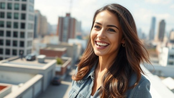 Confident woman discussing Trump MAGA base analysis on rooftop.