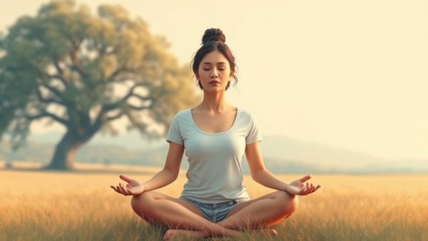 Serene guided meditation scene with a woman outdoors.