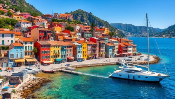 Stunning Travel Destination showing vibrant coastal town with colorful houses and clear blue sea.