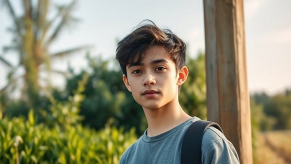 Young individual in white shirt outdoors amidst greenery during daytime.