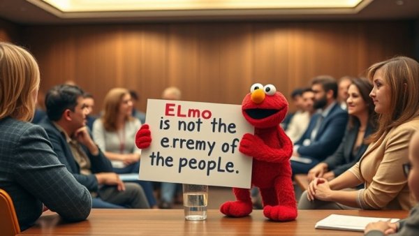 Meeting room scene advocating PBS partnership, Elmo toy support.