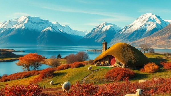 Scenic views in New Zealand with mountains and grazing sheep.
