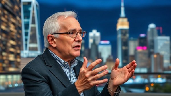Elderly man discussing news on TV with city backdrop, CNN.