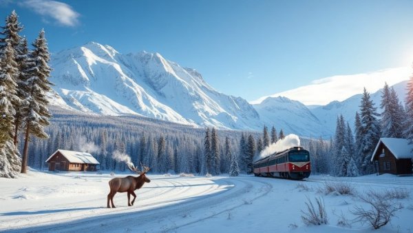 Beautiful winter landscape in Colorado with train and elk.