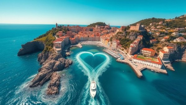 Amalfi Coast travel inspiration with stunning coastal view and heart-shaped wake.