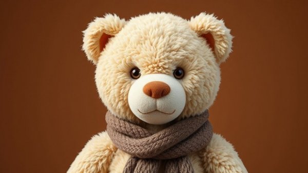 Fluffy teddy bear with scarf against brown background.