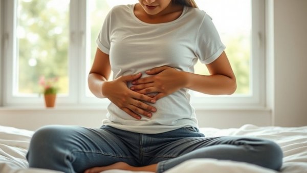 Person experiencing digestive disorders by holding stomach.