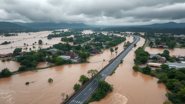 Severe flooding in central Vietnam submerging roadways and structures.