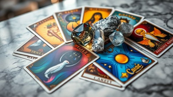 Mystical tarot card spread with crystals for energy alignment.