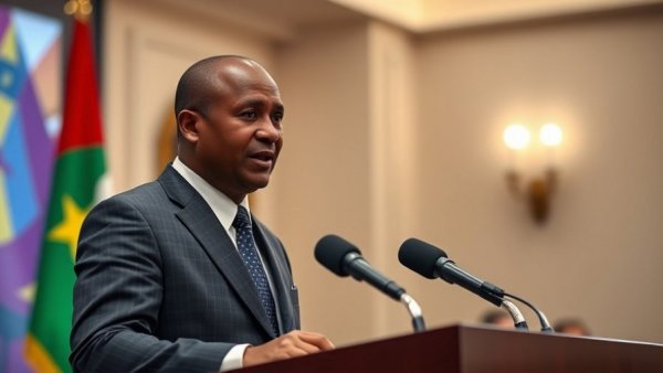 Official speaking at a podium with Guinea-Bissau flag backdrop, related to Guinea-Bissau elections 2025.