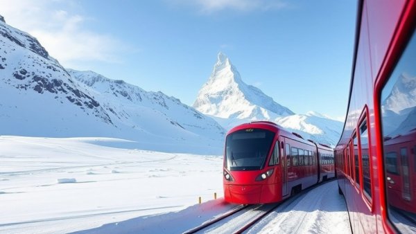 Scenic Views in Zermatt featuring a train and the Matterhorn in winter.
