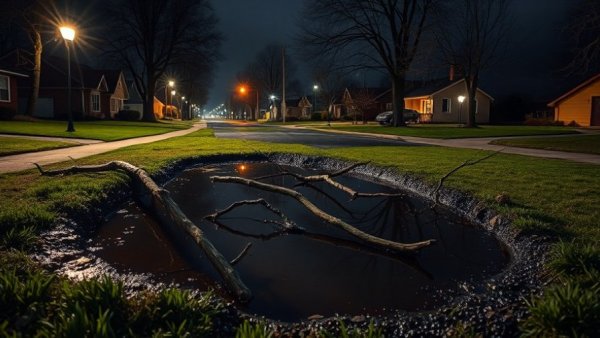 Edgewater neighborhood nighttime flooding with puddles and debris.