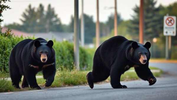 Florida black bears crossing a suburban road near foliage.