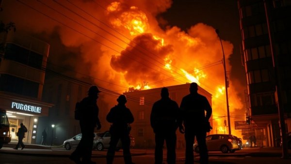 Ukraine strikes and peace talks: Night scene with emergency responders managing a fire.