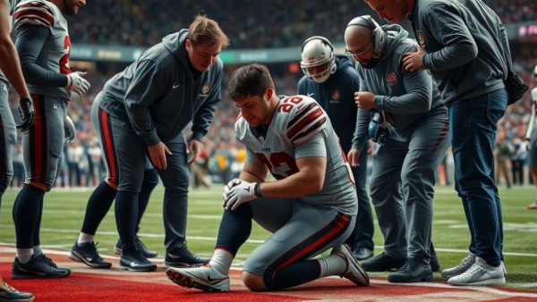 Baker Mayfield Injury Update: Kneeling player surrounded by concern.