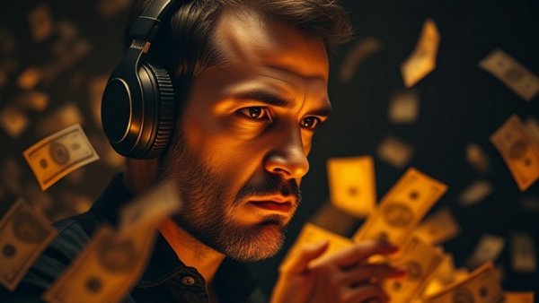 Focused man visualizing success surrounded by glowing money