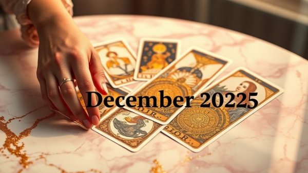 Energy Alignment tarot cards and crystals on marble for December 2025.