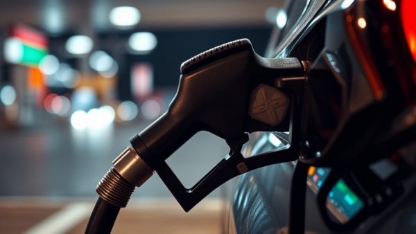Close-up of refueling a car at night with blurred lights.