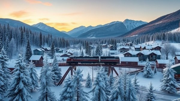 Winter in Canada 4K UHD view, snowy village with train and mountains.