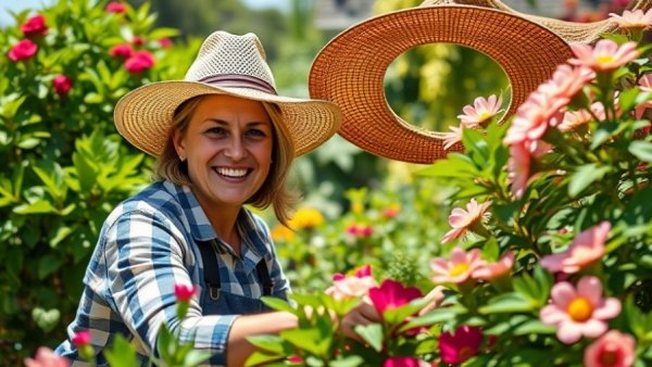 Florida Gardening Season: Gardener in hat tending plants in a lush garden.