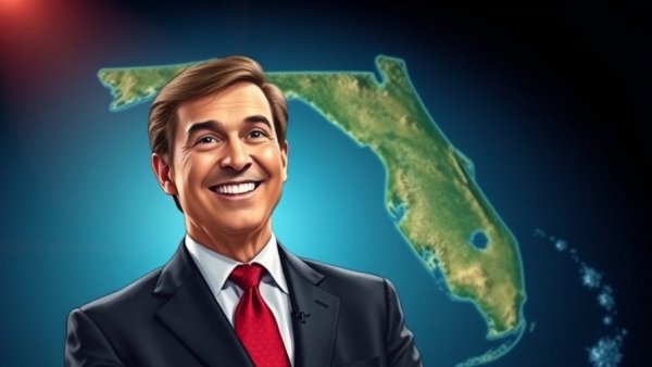 Illustrated political figure in front of Florida map background.