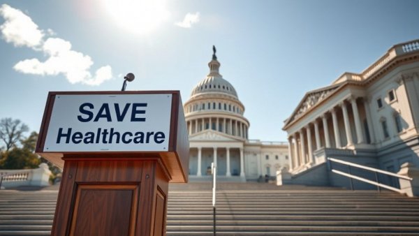 GOP divisions over health care symbolized by podium before Capitol.