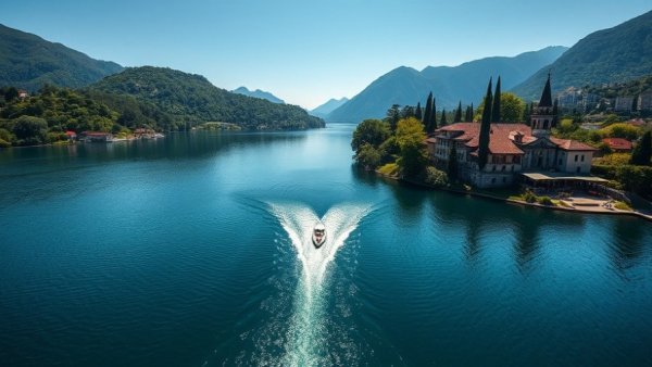 Scenic Views of Lake Como with heart-shaped wake and villas.