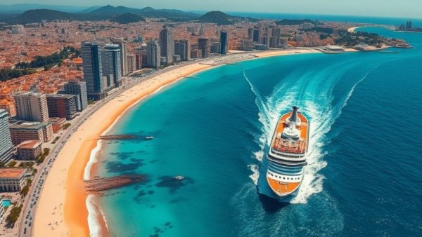 Aerial view of Barcelona's coastline with modern architecture and cruise ship, showcasing Gaudí Architecture Barcelona.