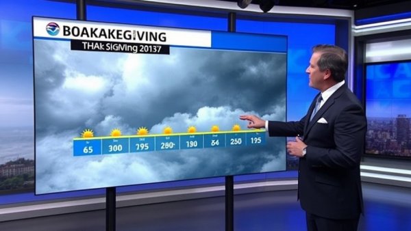 Weather forecaster presents Thanksgiving forecast with cloudy South Florida weather timeline.