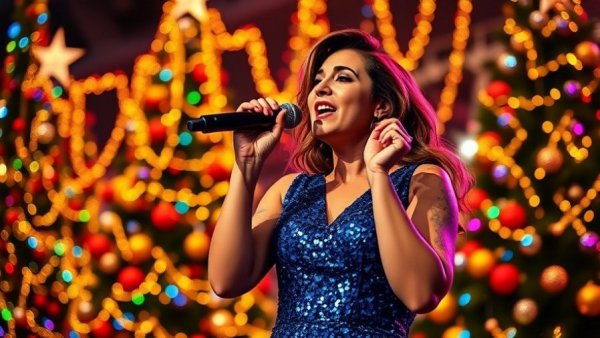 2025 holiday TV specials singer performing with festive lights.