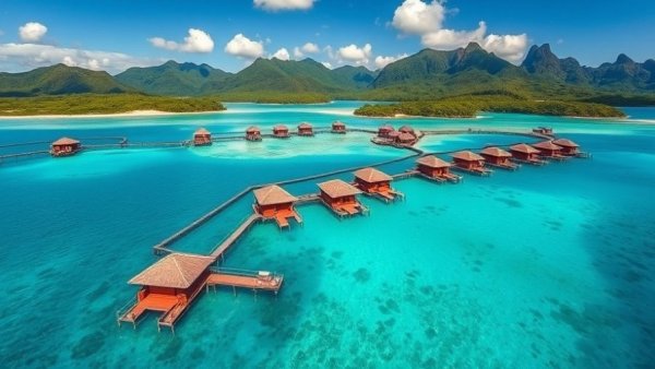 Fiji travel destination features stunning overwater bungalows and a clear lagoon.