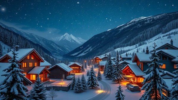 Beautiful snowy village landscape in the Alps during winter.