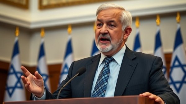 Netanyahu discussing pardon request at podium with flags.