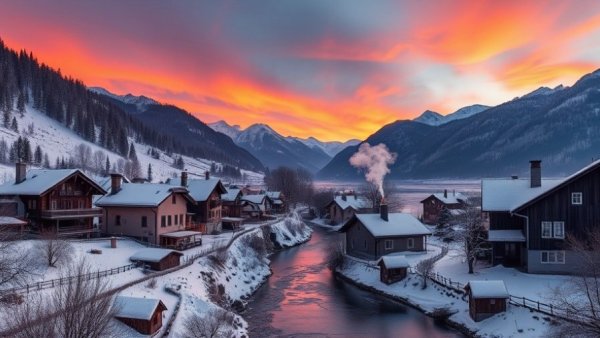 Scenic views of the Austrian Alps in winter, sunset sky over a snowy village.