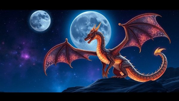 Stargazing December 2023: Luminous dragon and moon in starry sky.