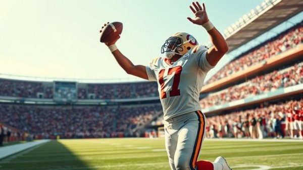 Football player celebrates after a touchdown catch, holding football.