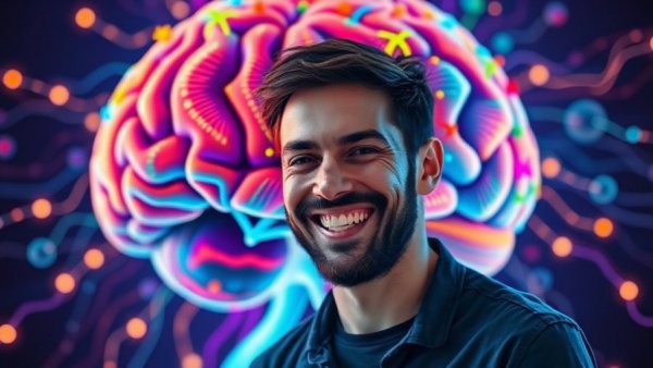 Dynamic image of men demonstrating creative problem solving with a colorful abstract brain.