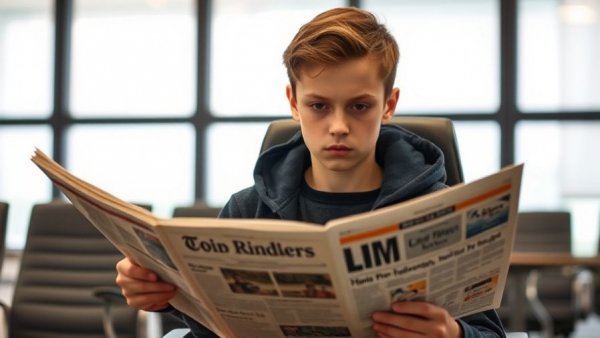 Teenager disinterested in news media while reading a newspaper.