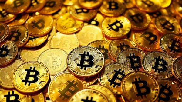Bitcoin dips below $85,000: Pile of shiny golden coins symbolizing digital currency.