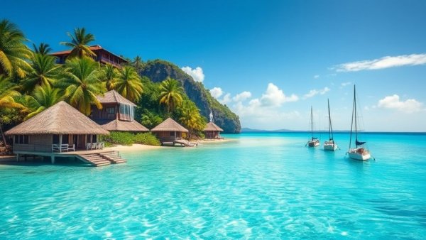 Scenic views of a tropical paradise with sailboats and waterfall.