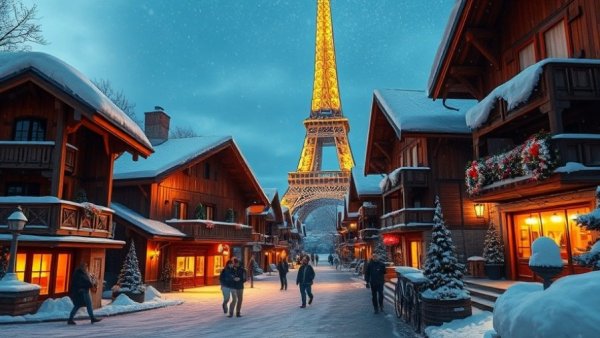 Winter in France: snowy village scene with Eiffel Tower in background.
