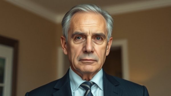 Older man in a suit with a serious expression, natural lighting.