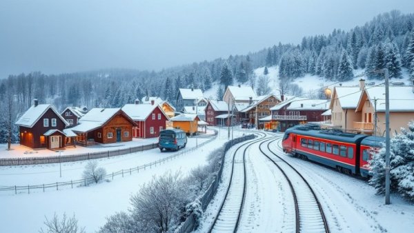 Scenic views of a snowy Swedish village with vibrant train.